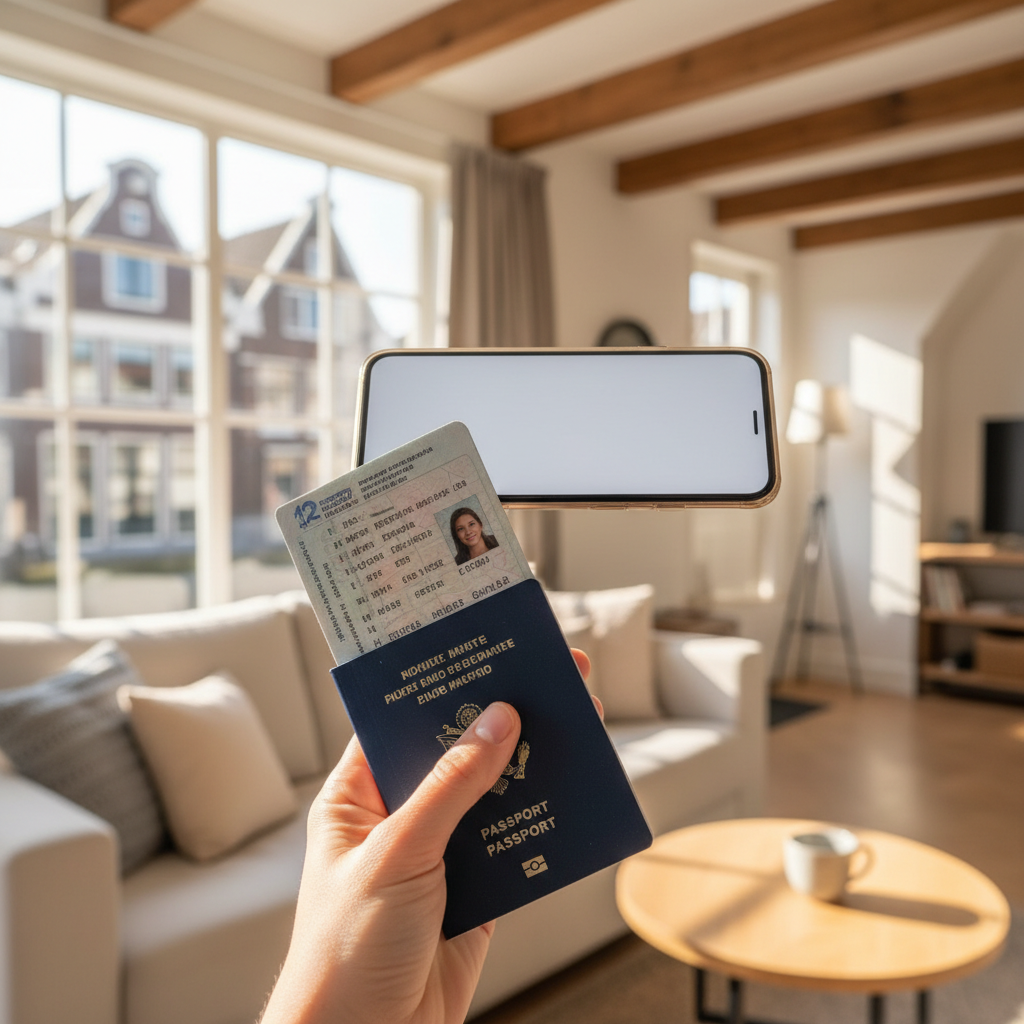 Gast scant paspoort met smartphone voor digitale identiteitscontrole in een vakantiehuis.