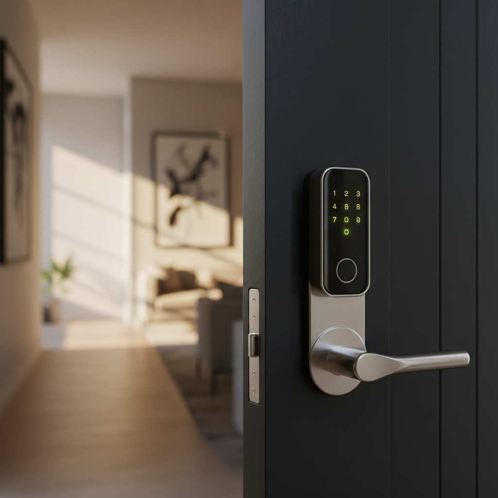 Modern slim slot op een deur van een vakantiewoning na succesvolle digitale incheck.