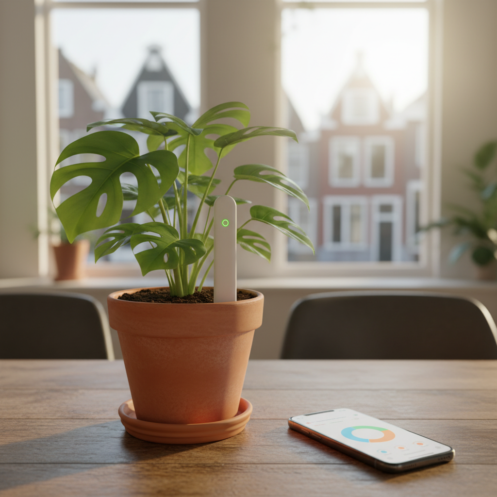 Een slimme bodemsensor in een plantenpot meet de vochtigheid voor een optimale gastbeleving.
