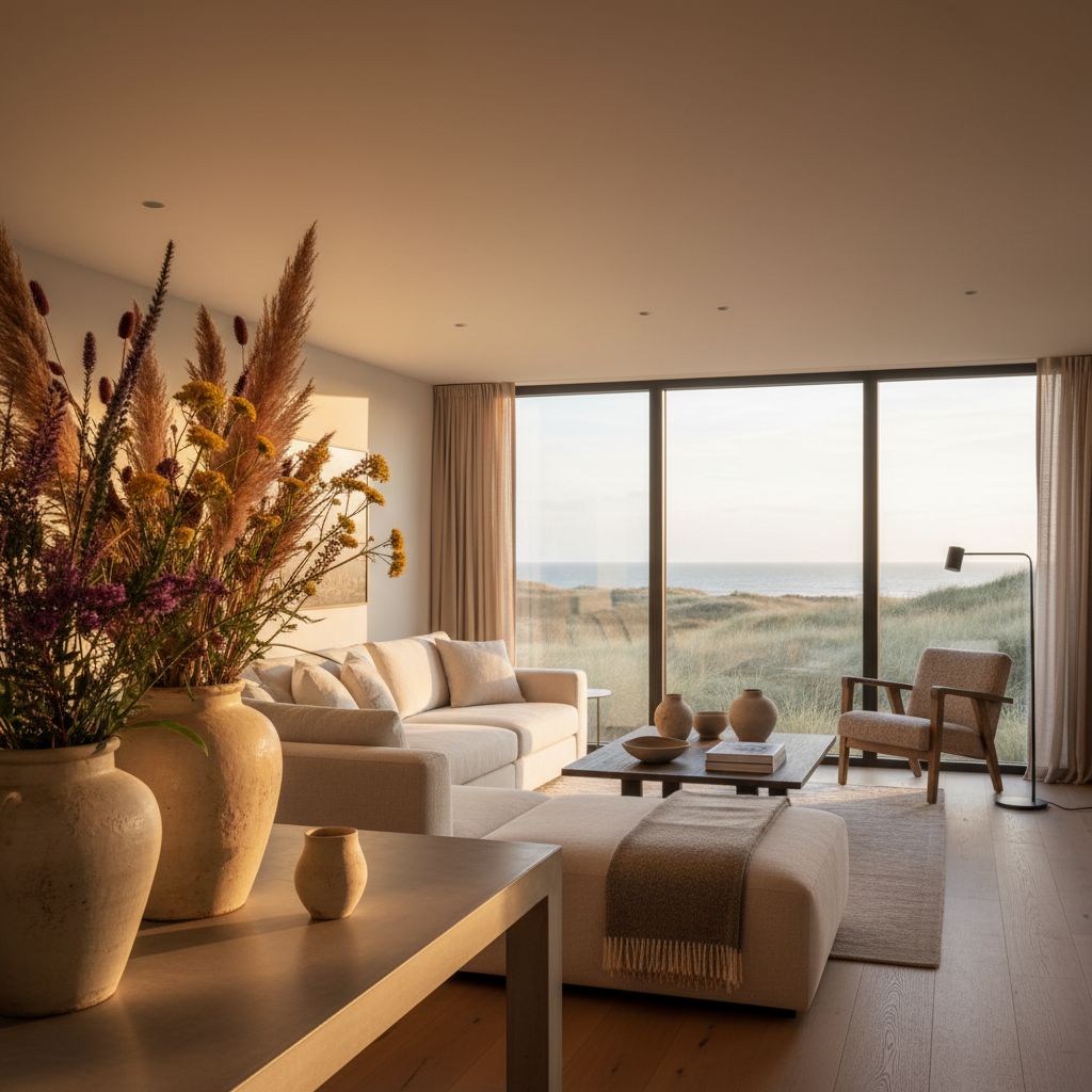 Interieur van een vakantiewoning met lokale flora die bijdraagt aan de sfeer en beleving.