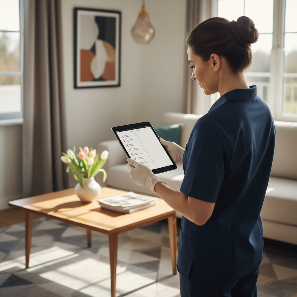 Digitale inspectie van een vakantiewoning met een tablet door schoonmaakpersoneel.