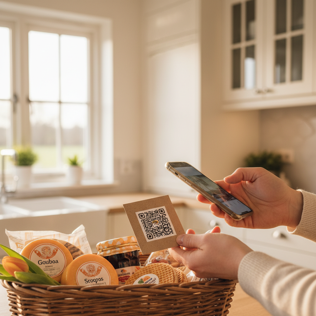 Gast scant QR-code voor betaling van lokale producten in een vakantiewoning.