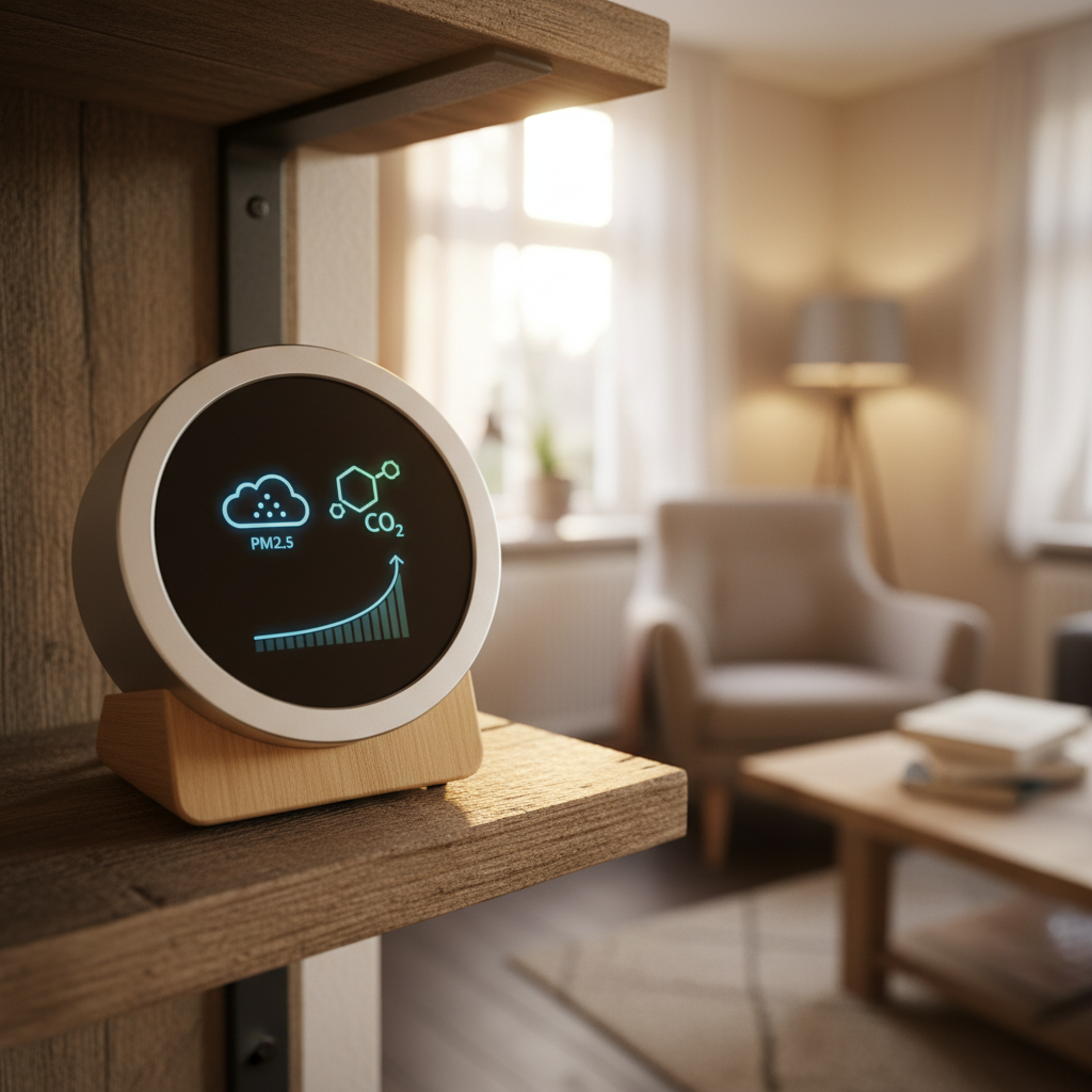 Slimme luchtkwaliteitsmonitor in een vakantiehuis die fijnstof en CO2 niveaus weergeeft.