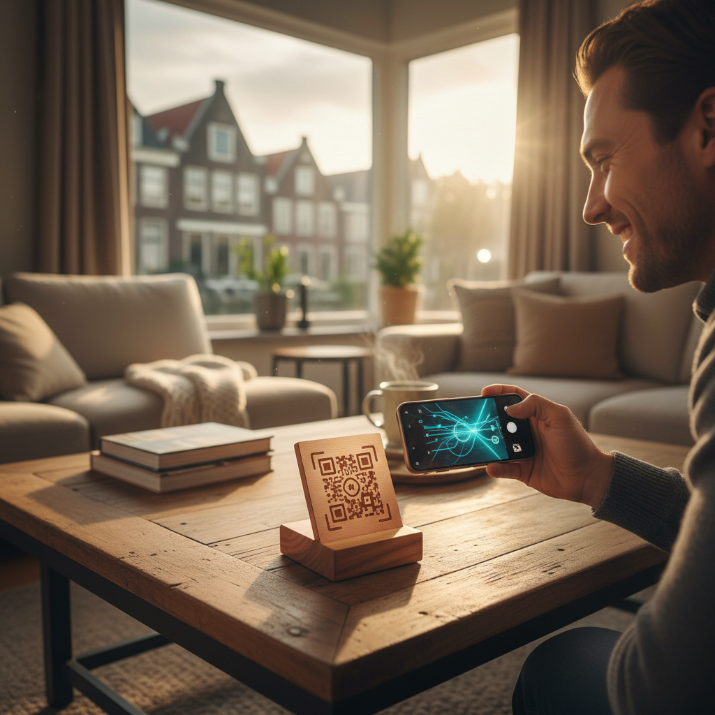Gast scant QR-code voor live luchtkwaliteit dashboard in een Airbnb.