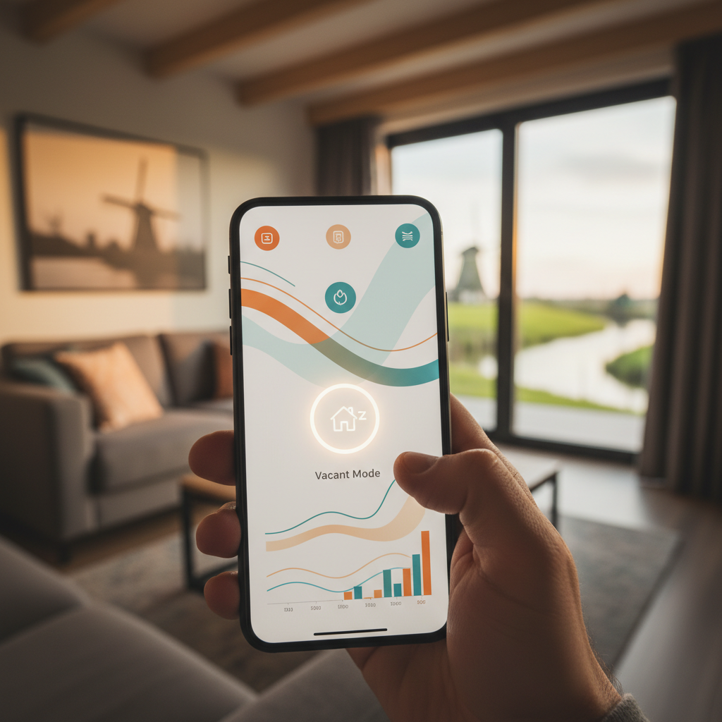 Dashboard voor leegstandbeheer van een vakantiewoning met energieverbruik grafieken.