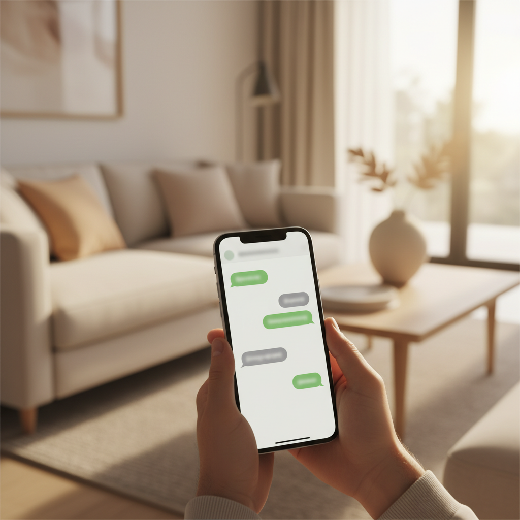 Gepersonaliseerd geautomatiseerd welkomstbericht op een smartphone in een vakantiewoning.