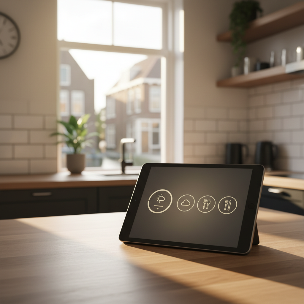 Virtuele conciërge interface op een tablet in de keuken van een Airbnb.