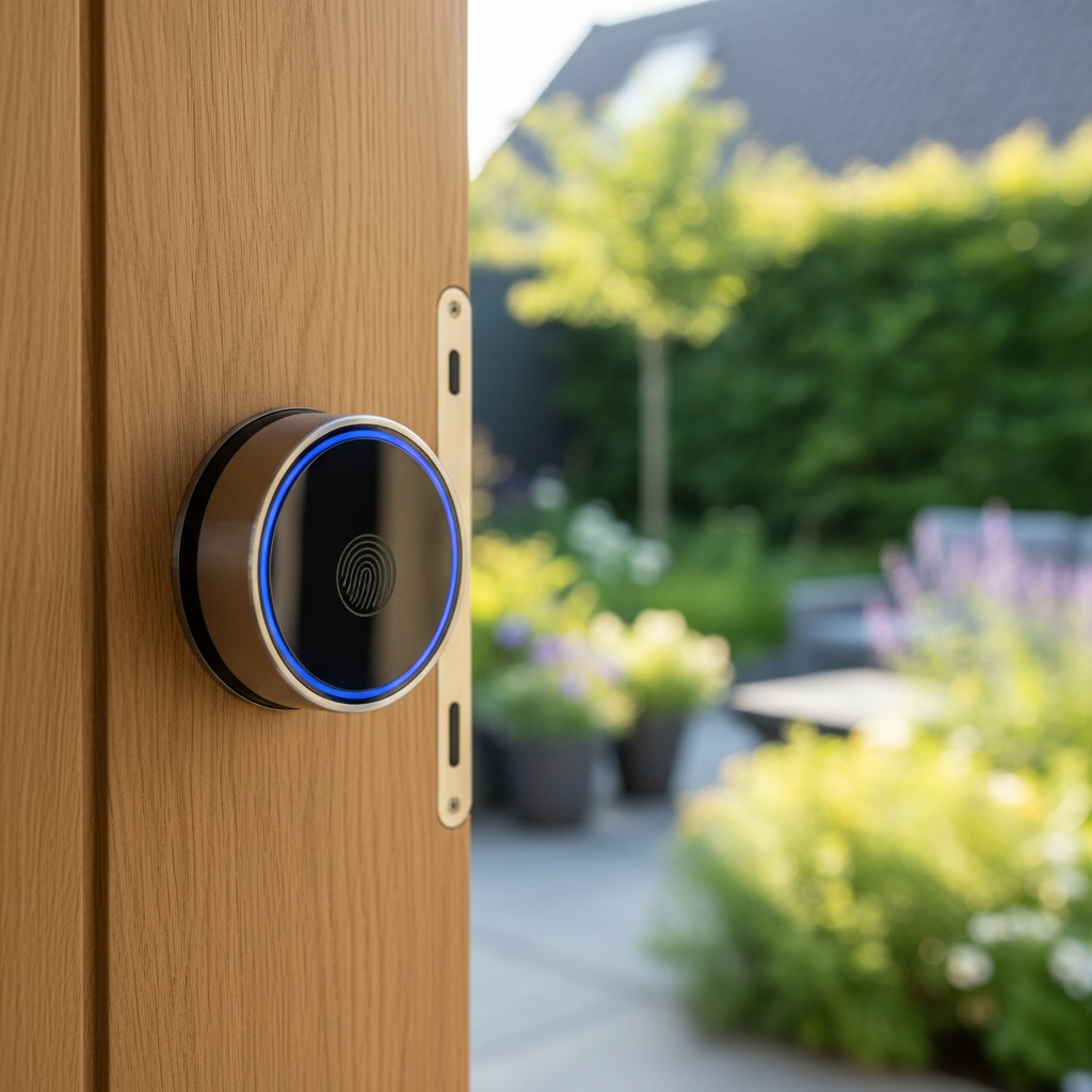 Biometrische vingerafdrukscanner op de voordeur van een luxe vakantiewoning.