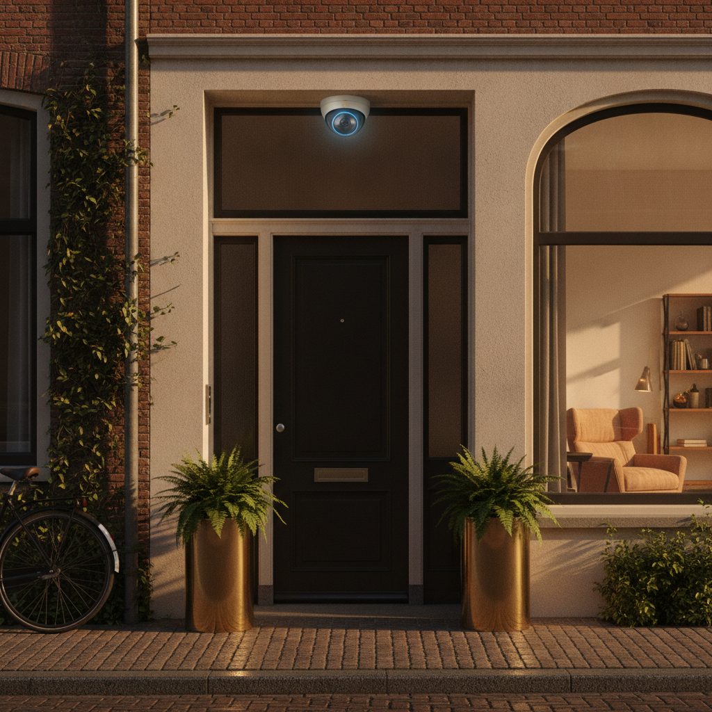 Gezichtsherkenning technologie bij de ingang van een modern stadsappartement.