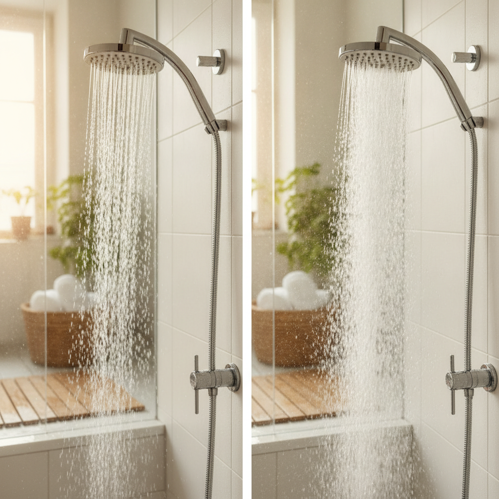 Vergelijking tussen een normale en een waterbesparende douchekop voor vakantiewoningen.