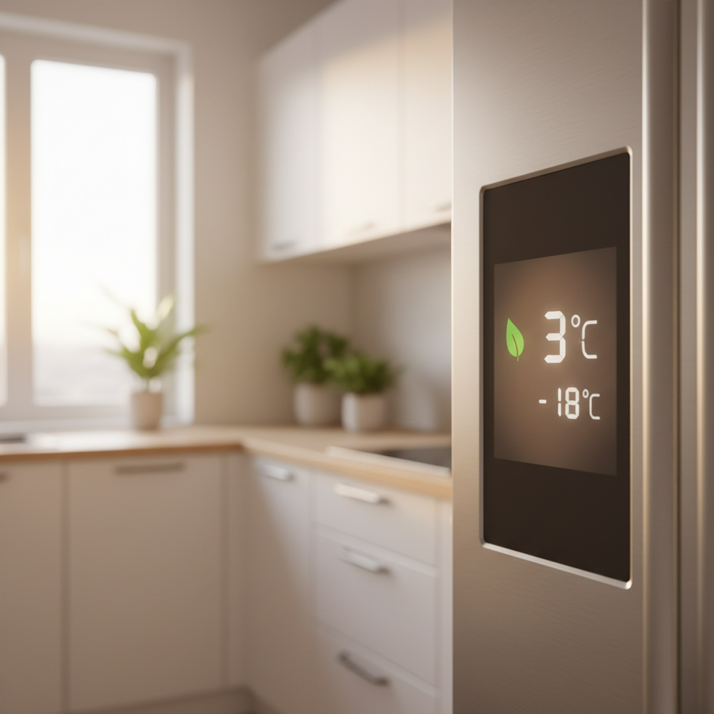 Slimme koelkast met eco-modus in een vakantiewoning voor energiebesparing.