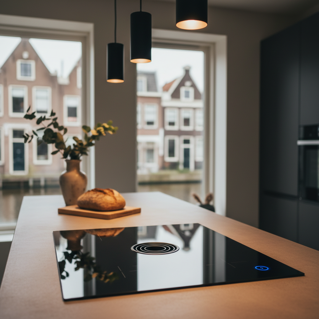 Inductiekookplaat met automatische uitschakeling in een Airbnb keuken.