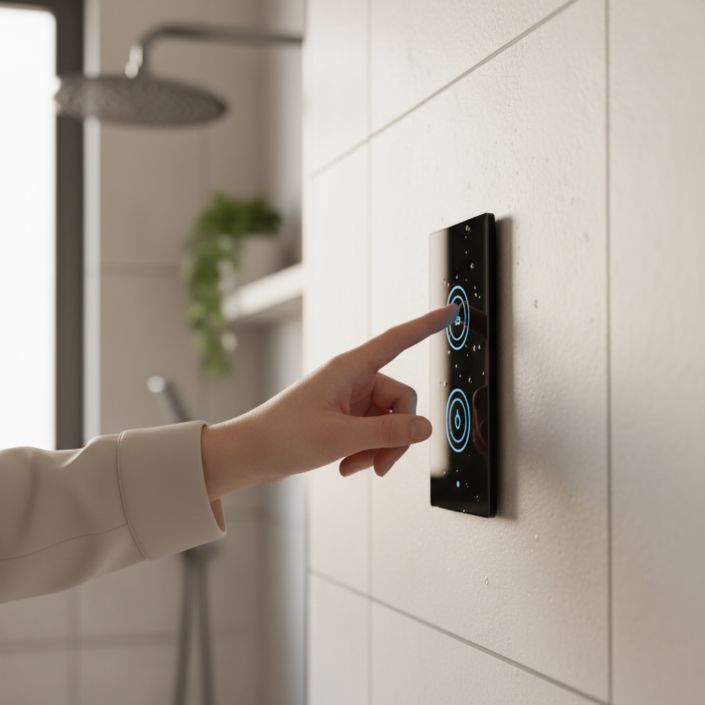 Een gast bedient een digitale interface van een slimme douchekraan in een vakantiewoning.