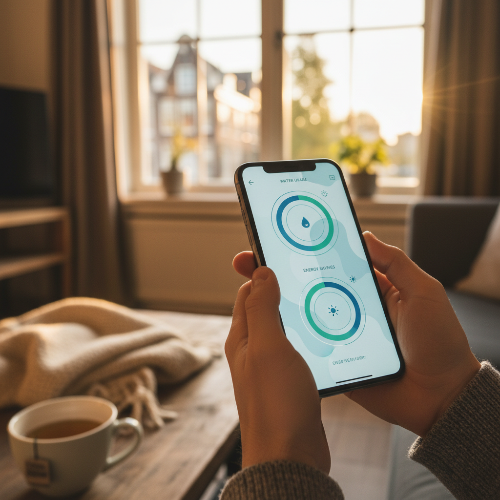 Dashboard op een smartphone die het actuele waterverbruik en de besparingen van het vakantiehuis toont.