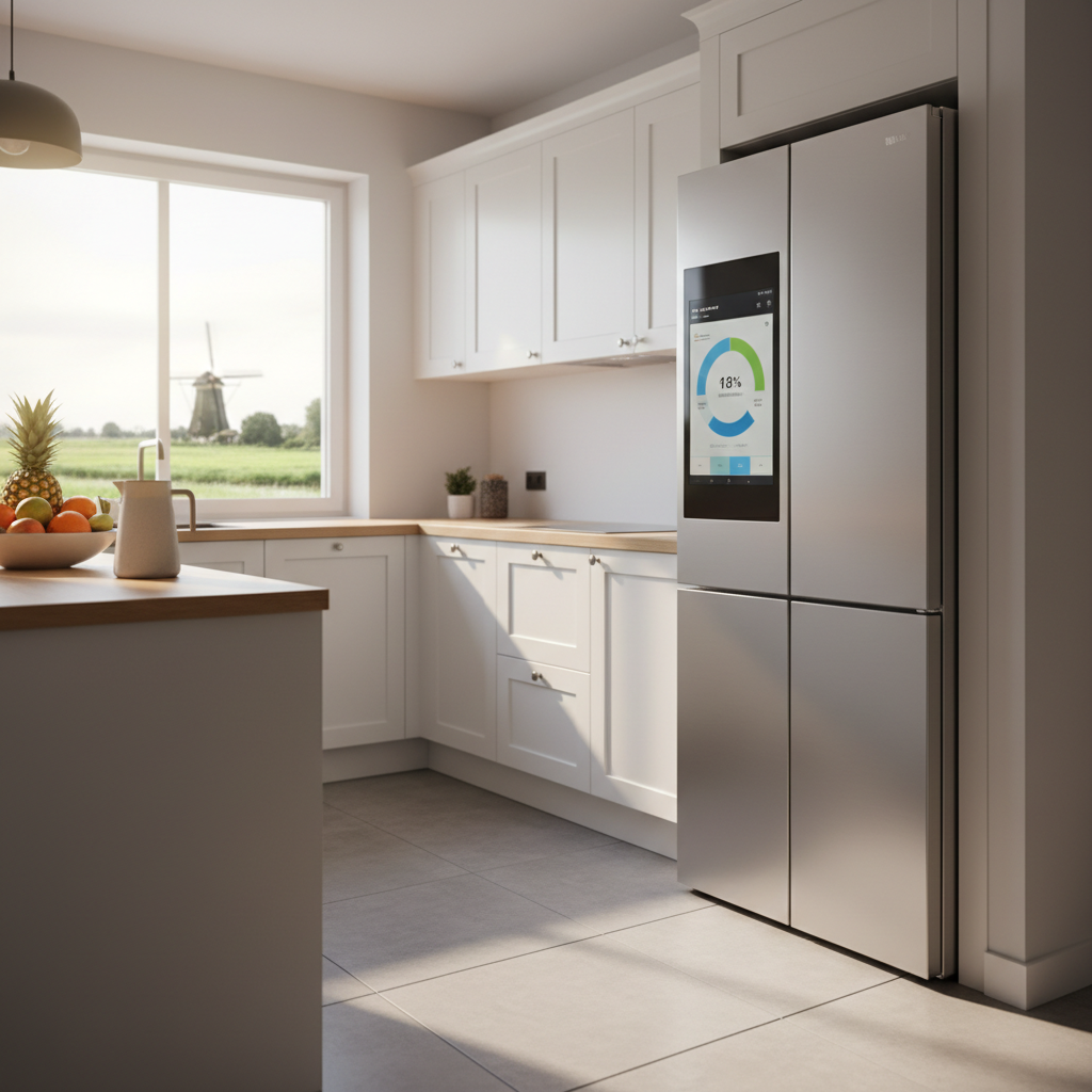 Slimme koelkast in een vakantiewoning die energieverbruik monitort.