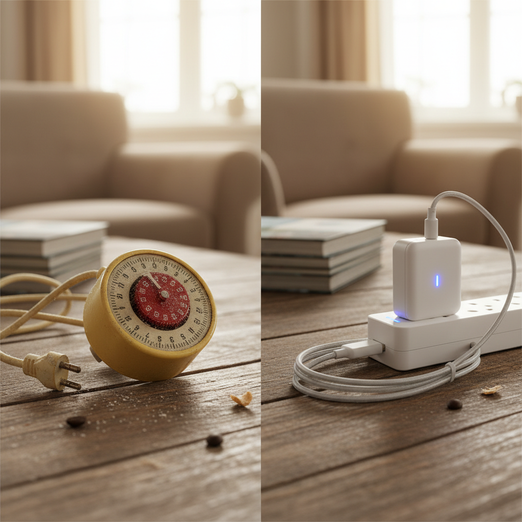 Vergelijking tussen een traditionele tijdschakelaar en een moderne smart plug.