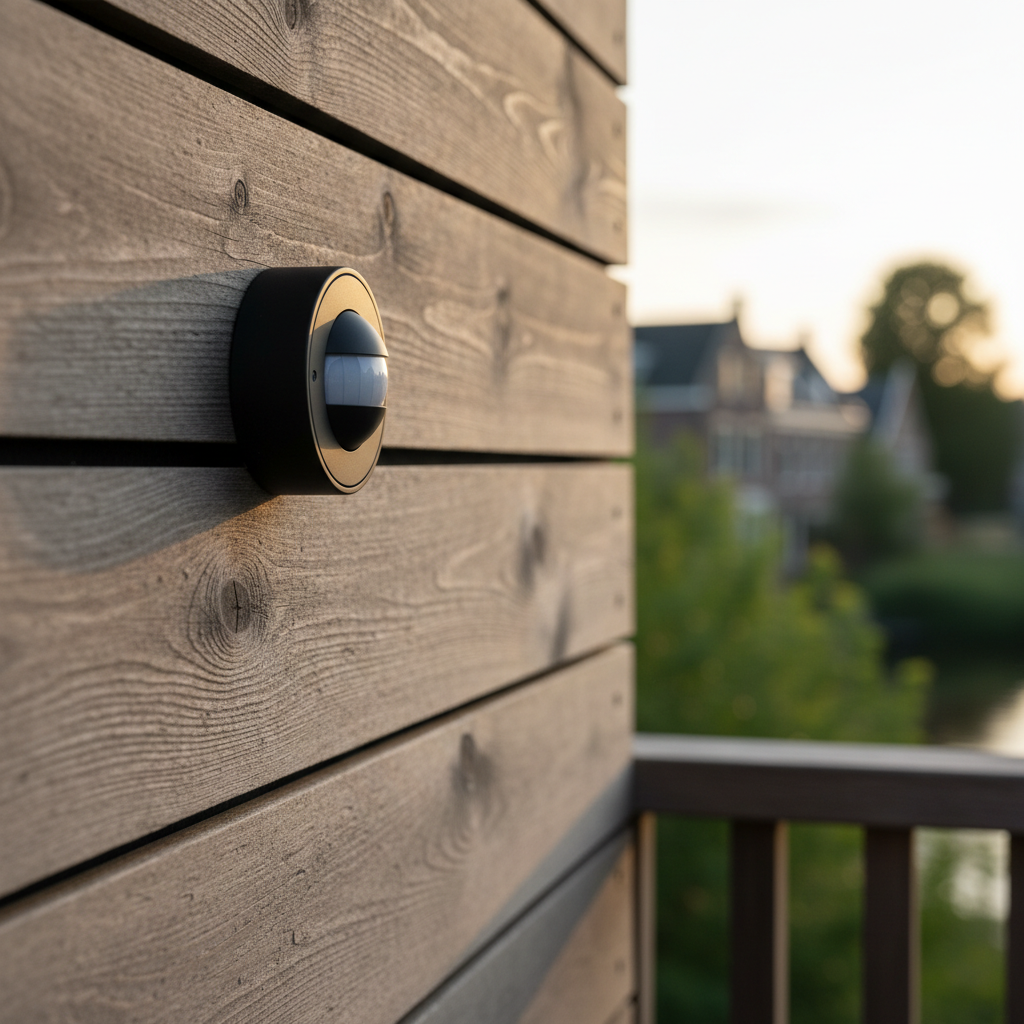 Bewegingssensor voor energiezuinige buitenverlichting op een balkon van een vakantiewoning.