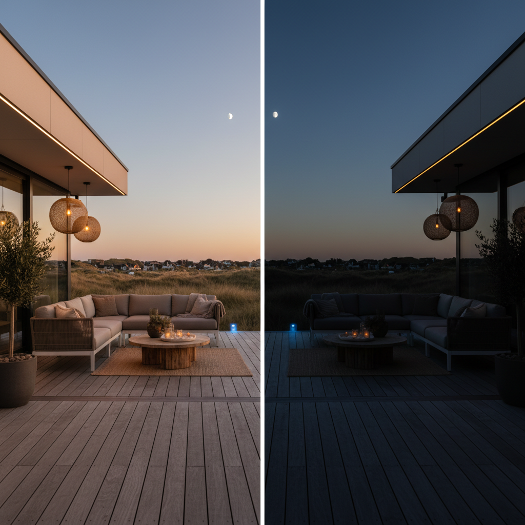 Zonering van terrasverlichting voor energiebesparing en sfeer in een vakantiehuis.
