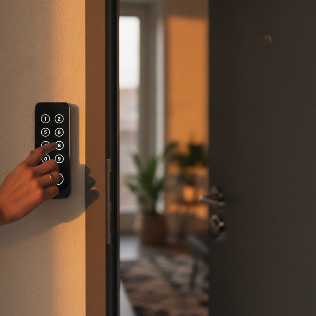 Gast gebruikt een keypad voor toegang tot een vakantiewoning als onderdeel van een hybride systeem.