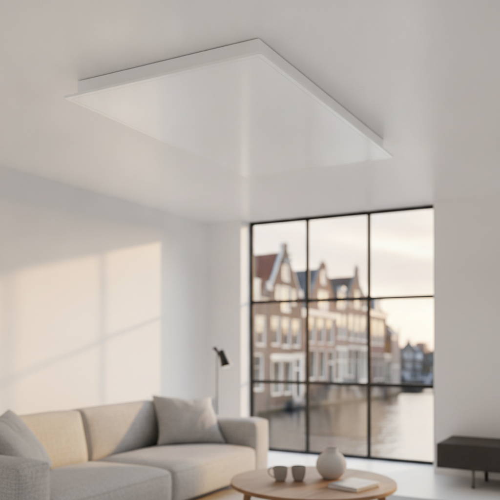 Modern infraroodpaneel aan het plafond van een vakantiewoning voor efficiënte verwarming.