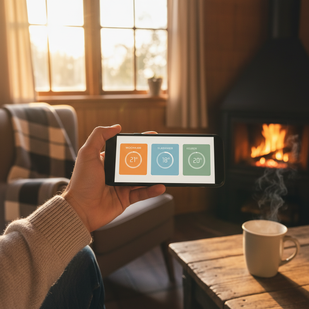 Slimme thermostaat app voor het beheren van infraroodverwarming in een vakantiehuis.