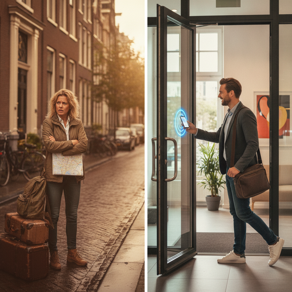 Vergelijking tussen traditionele sleuteloverdracht en slimme intercom toegang.