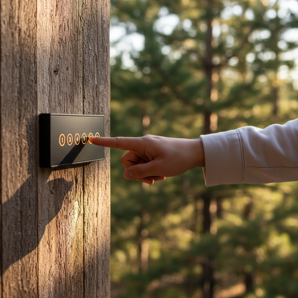 Gast voert pincode in op een offline slim slot van een natuurhuisje