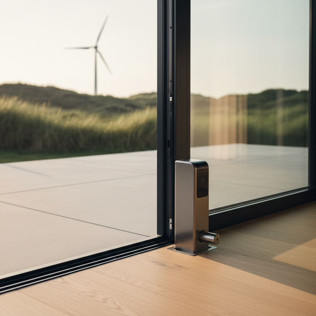 Elektronisch penslot gemonteerd op de onderzijde van een moderne schuifpui in een vakantiewoning.