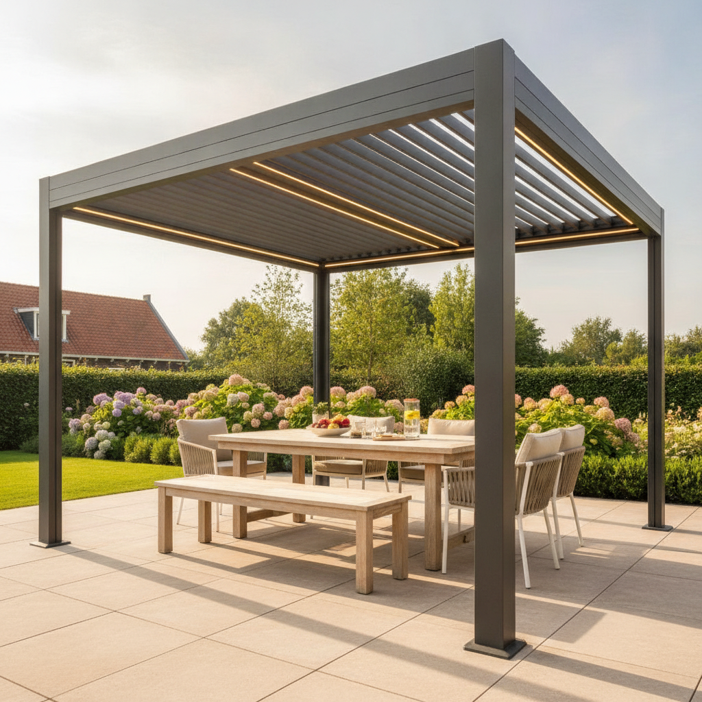 Automatische terrasoverkapping met kantelbare lamellen bij een B&B