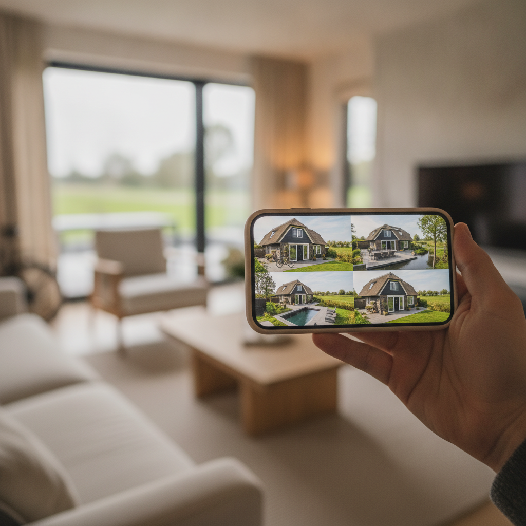 Smartphone app met camerabeelden van een vakantiewoning voor beveiliging.