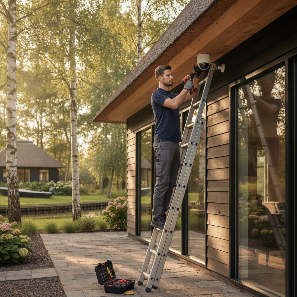 Professionele installatie van een buitencamera bij een vakantiehuis.