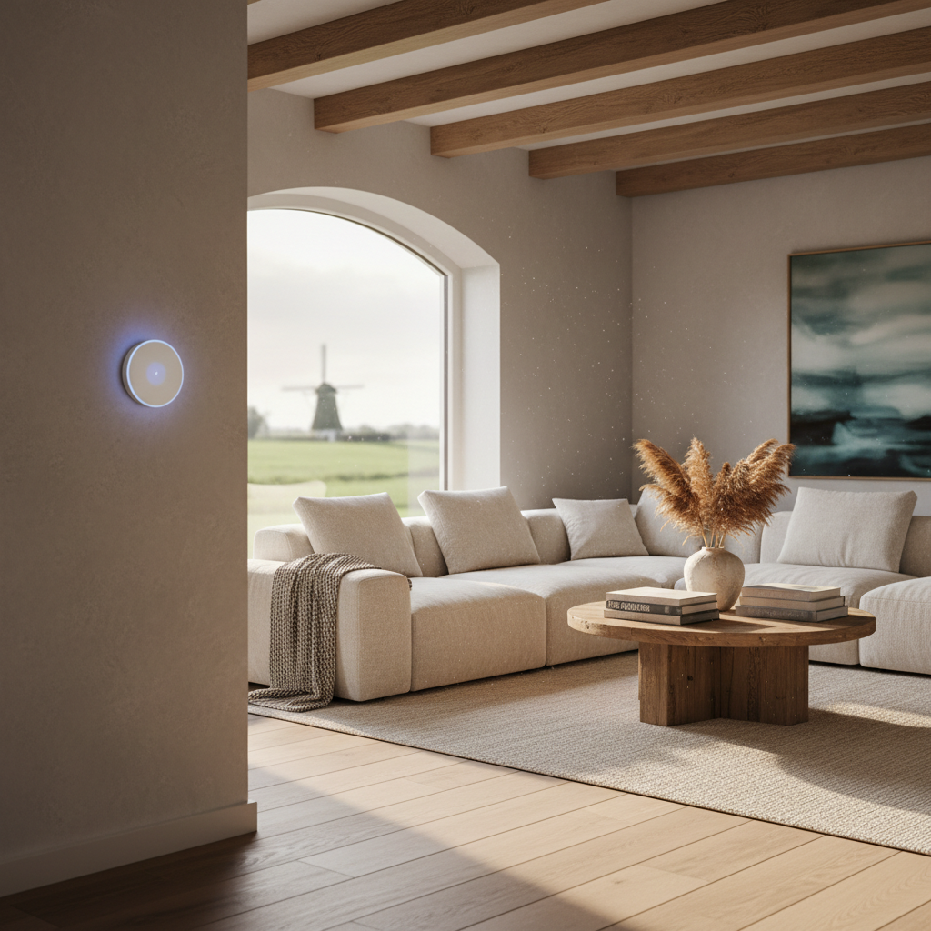 Slimme aanwezigheidsdetectie in de woonkamer van een luxe vakantiewoning voor optimale klimaatbeheersing.