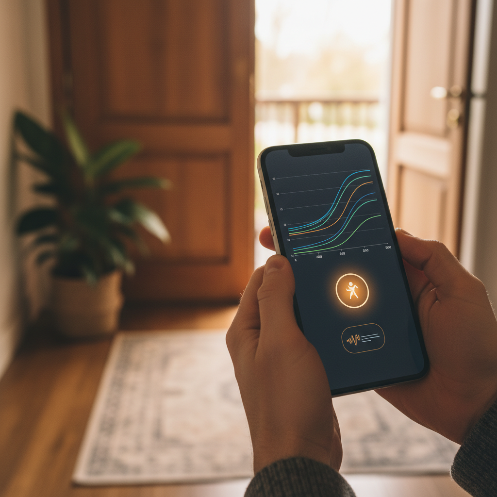 Dashboard van een verhuurder die bewegingsdata en energieverbruik monitort via een app.