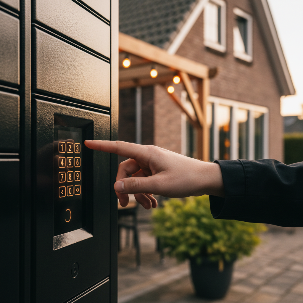 Gasten voeren een code in op het toetsenbord van een slimme pakketkast bij een vakantiehuis.