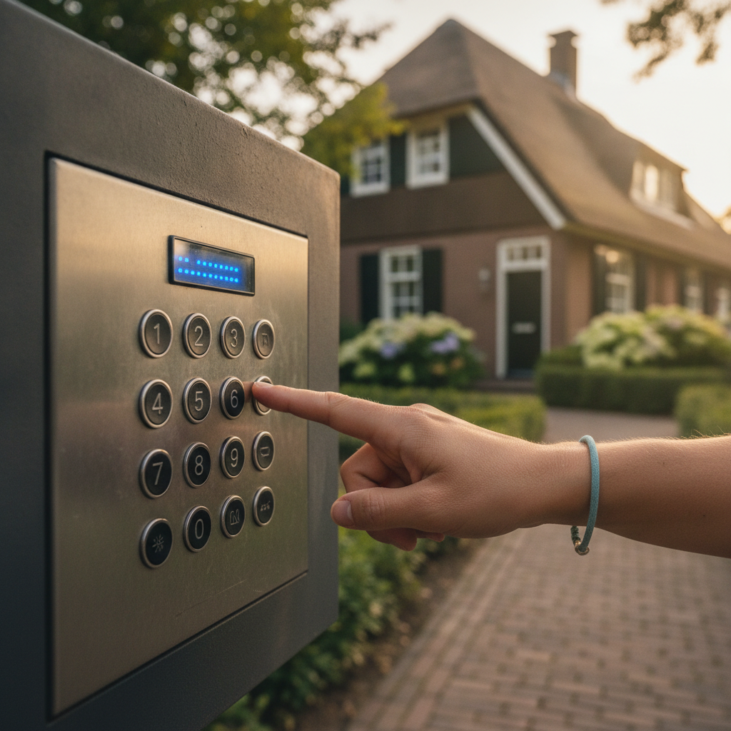 Gasten die een code invoeren op een slimme pakketkluis van een vakantiewoning.