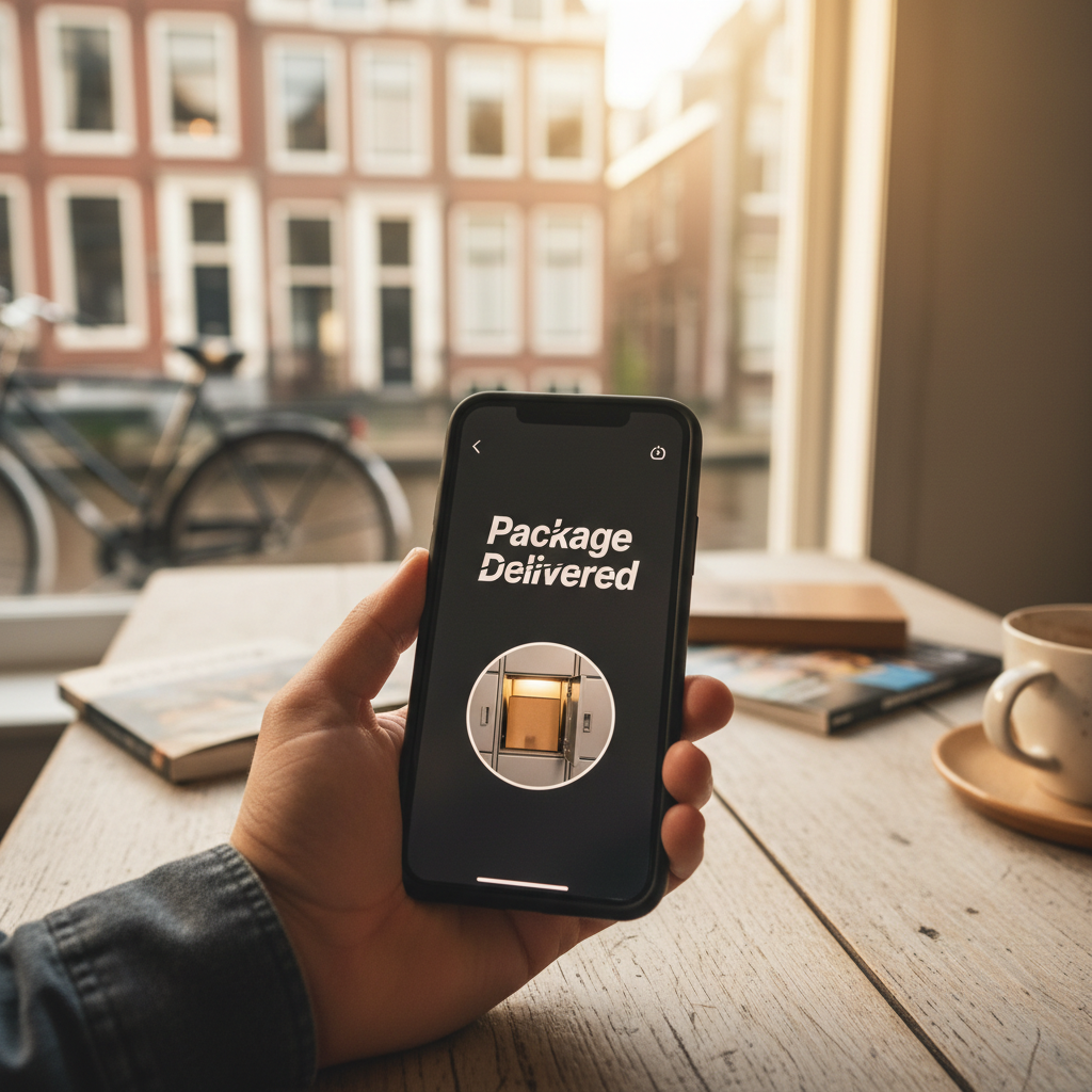 Realtime melding op een smartphone van een bezorgd pakket in de slimme kluis.