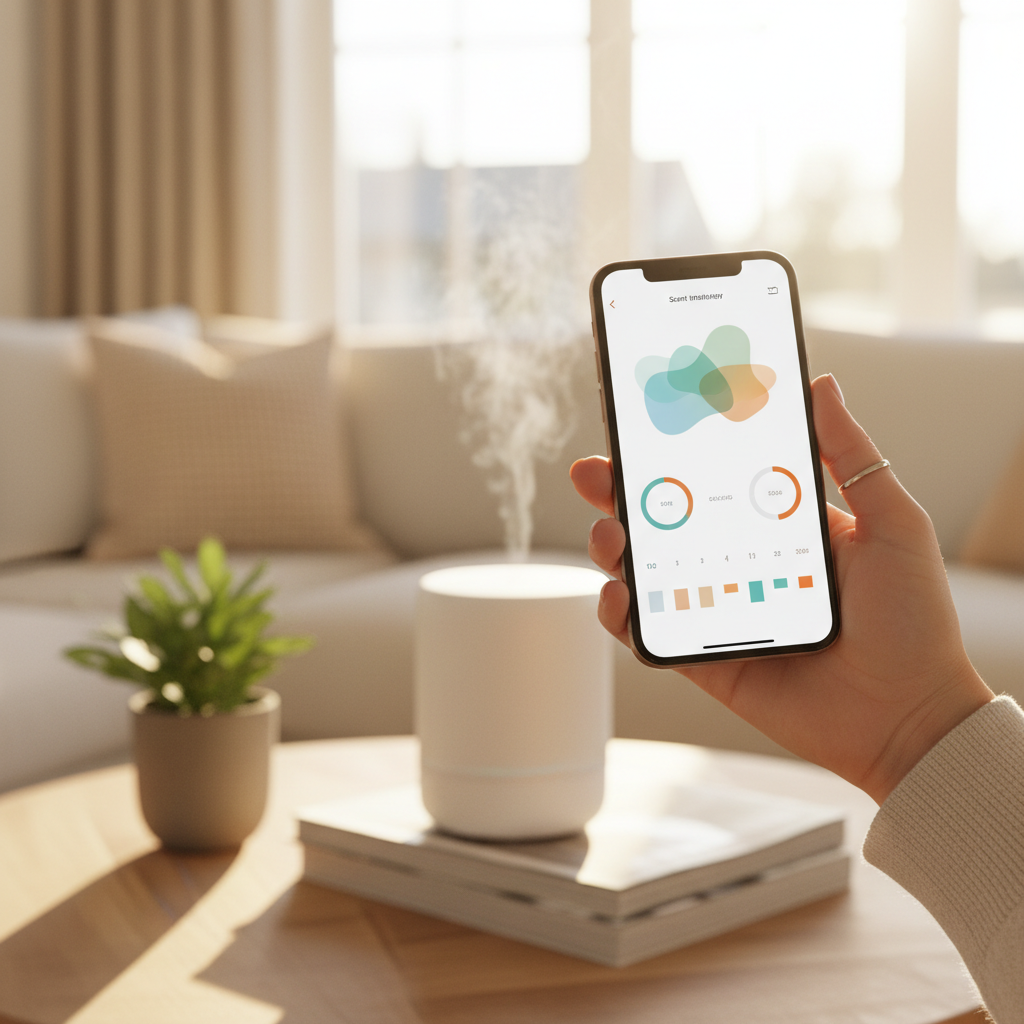 Mobiele app voor het beheren van slimme geurverstuivers in een vakantiewoning.