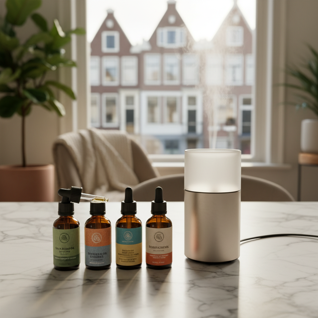 Verschillende soorten aroma diffusers en oliën voor geurmarketing.