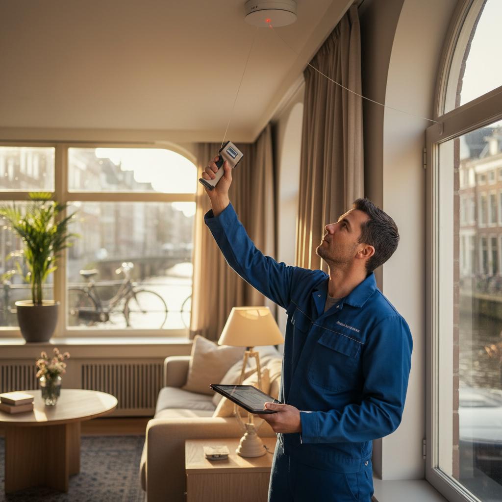 Professionele installatie van een akoestische glasbreukmelder in een luxe B&B kamer.