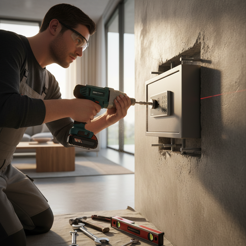 Professionele installatie en verankering van een slimme kluis in een vakantiehuis voor maximale beveiliging.