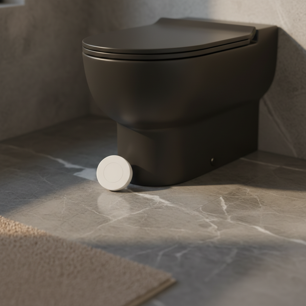 Slimme watersensor strategisch geplaatst achter een toilet in een luxe badkamer.