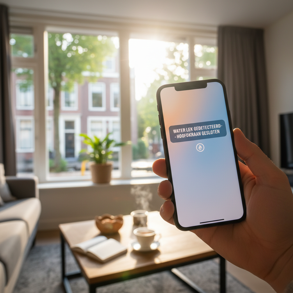 Smartphone notificatie van een gedetecteerd waterlek en automatische afsluiting.