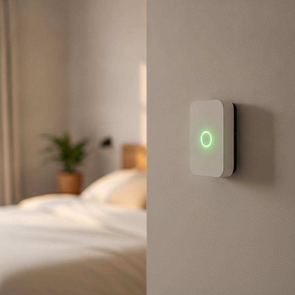Slimme luchtkwaliteit sensor aan de muur in een slaapkamer van een vakantiewoning