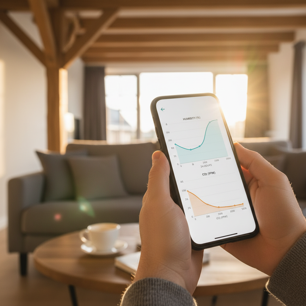 Dashboard met luchtkwaliteit data van een vakantiehuis op een smartphone