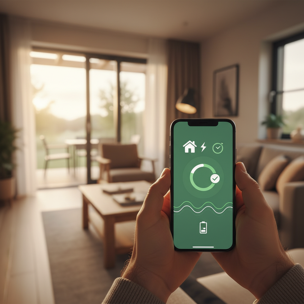 Smartphone melding over stroomuitval in een vakantiewoning met slimme monitoring.