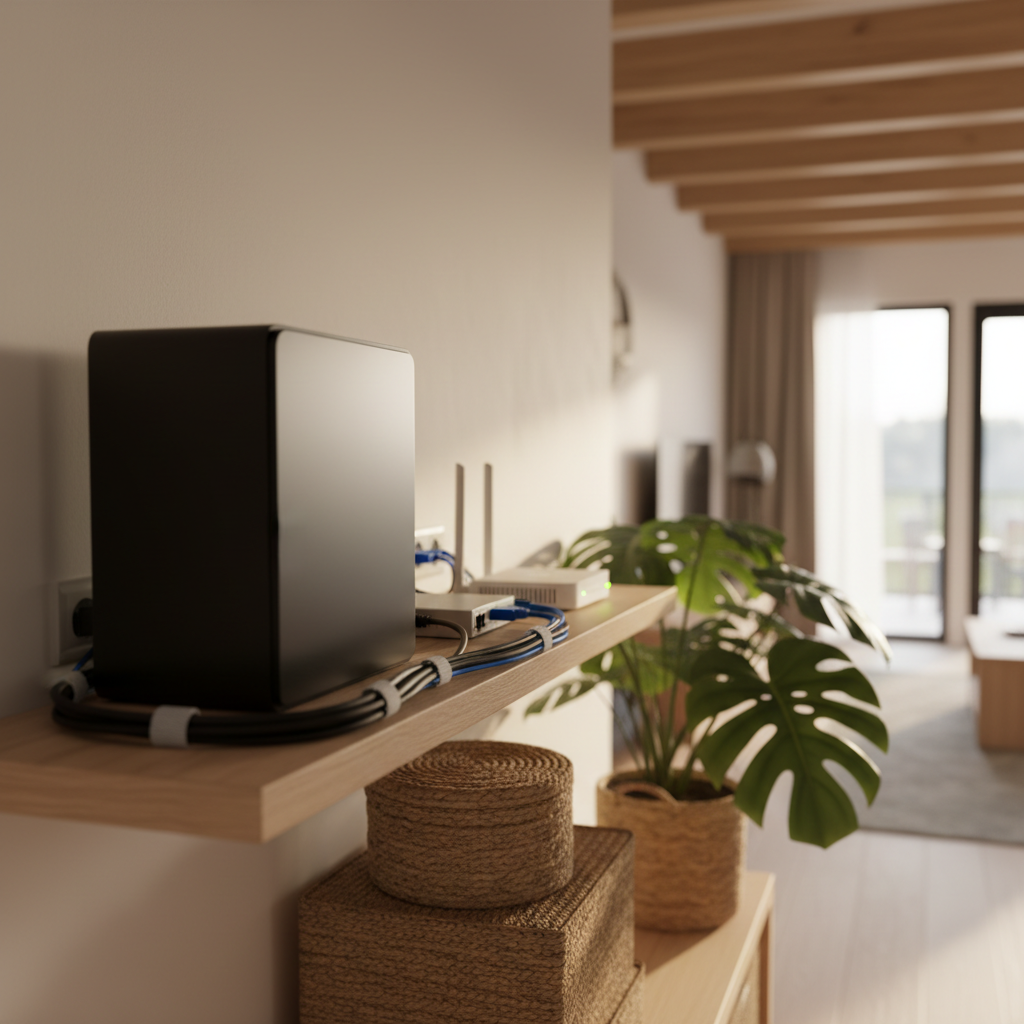 Professionele UPS noodstroominstallatie voor netwerkapparatuur in een vakantiehuis.
