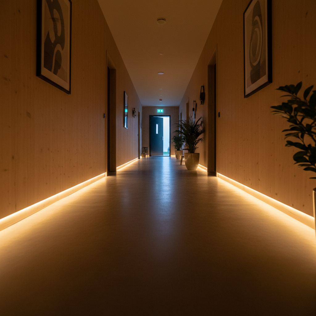 Dynamische vluchtwegverlichting in de gang van een vakantiehuis