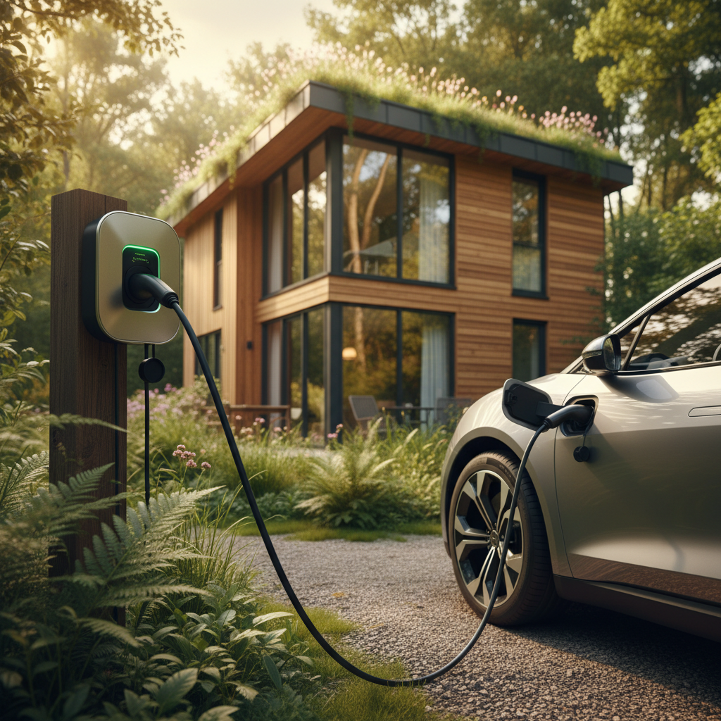 Elektrische auto aan een slimme laadpaal bij een duurzame vakantiewoning