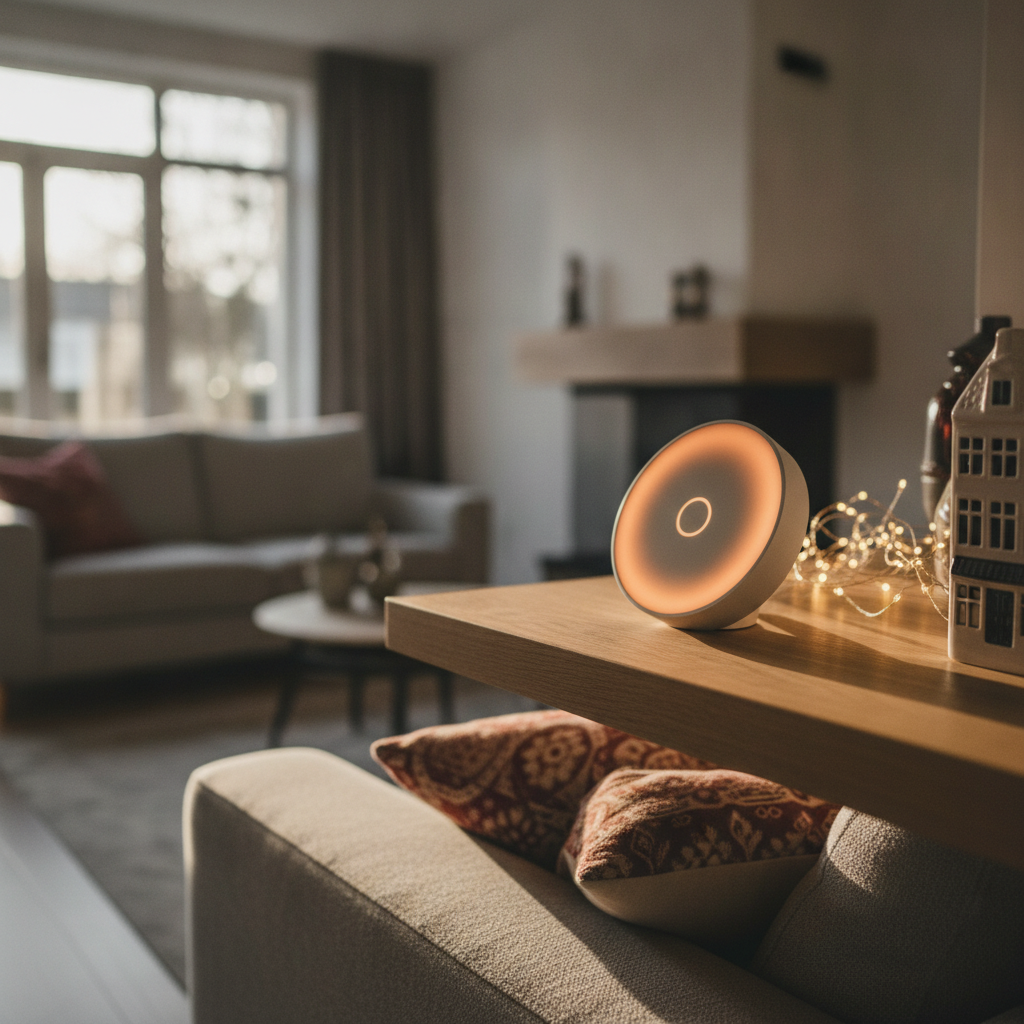Slimme home hub die paniekknoppen en veiligheidssensoren verbindt in een vakantiehuis.