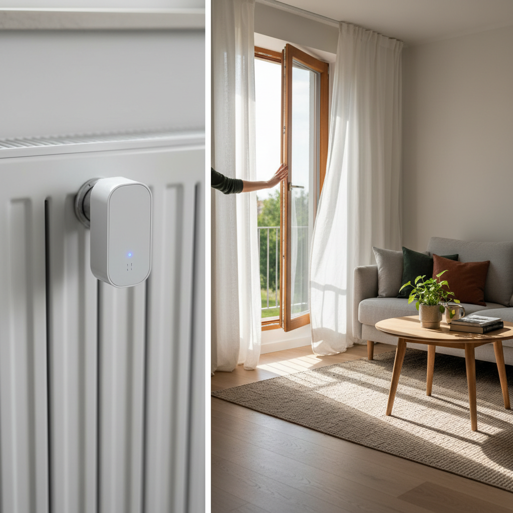 Slimme raamsensor gekoppeld aan radiatorknop voor energiebesparing in een vakantiehuis.